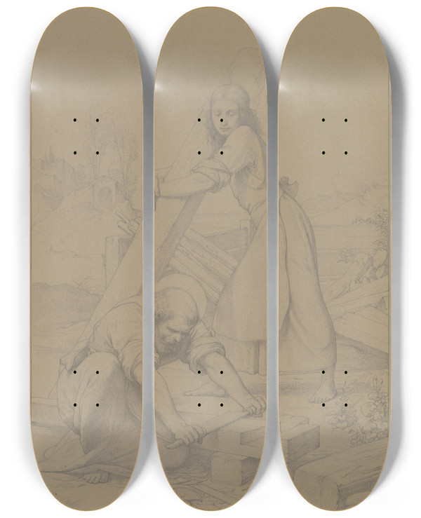 Triptych art skateboard deck of Eduard Von Steinle Der Heilige Joseph Und Jesus Als Zimmerleute by Eduard Von Steinle (1810-1886)