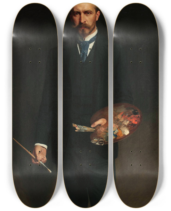 Triptych art skateboard deck of Kazimierz Pochwalski Selfportrait With Palette by Kazimierz Pochwalski (1855-1940)