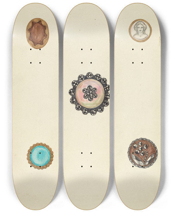 Triptych art skateboard deck of Mary Fitzgerald Buttons_1 by Mary Fitzgerald