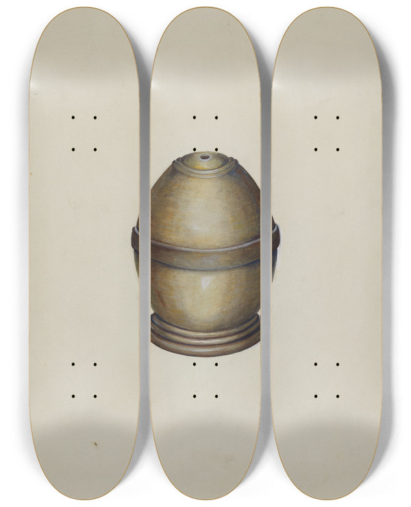 Triptych art skateboard deck of Edward L Loper Wooden Thread Holder by Edward L Loper (1916-2011)