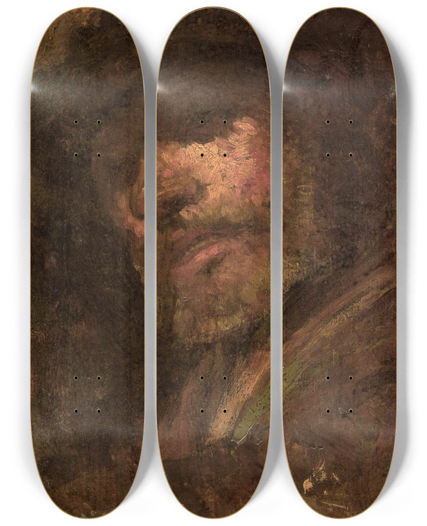 Triptych art skateboard deck of Flix Ziem Le Tambour Tte Dhomme Daprs Rembrandt by Felix Ziem (1821-1911)