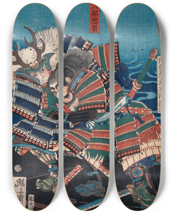 Triptych art skateboard deck of Tsukioka Yoshitoshi Konda Teihachir Tadakazu And Makara Jrzaemon Naozumi Grappling By The Water by Tsukioka Yoshitoshi (1839-1892)