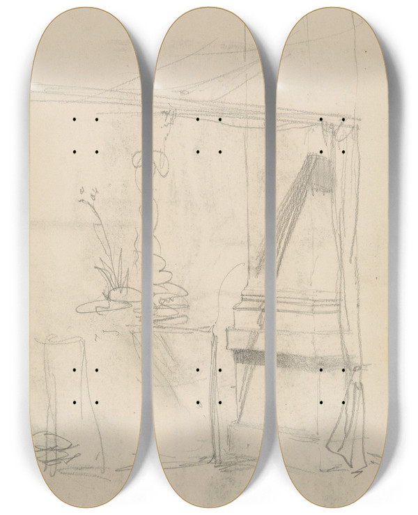 Triptych art skateboard deck of Henryk Siemiradzki Szkic Wntrza Z Filarem I Podpit Kotar by Henryk Siemiradzki (1843-1902)