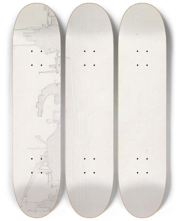 Triptych art skateboard deck of Reijer Stolk Silhouetten Van Een Reeks Bouwwerken by Reijer Stolk (1896-1945)