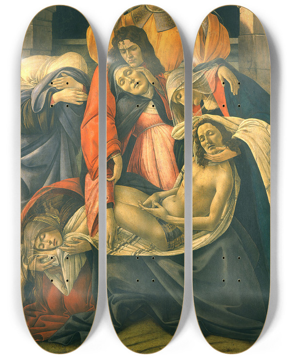 Triptych art skateboard deck of Sandro Botticelli The Lamentation Over The Dead Christ by Sandro Botticelli (1444-1510)