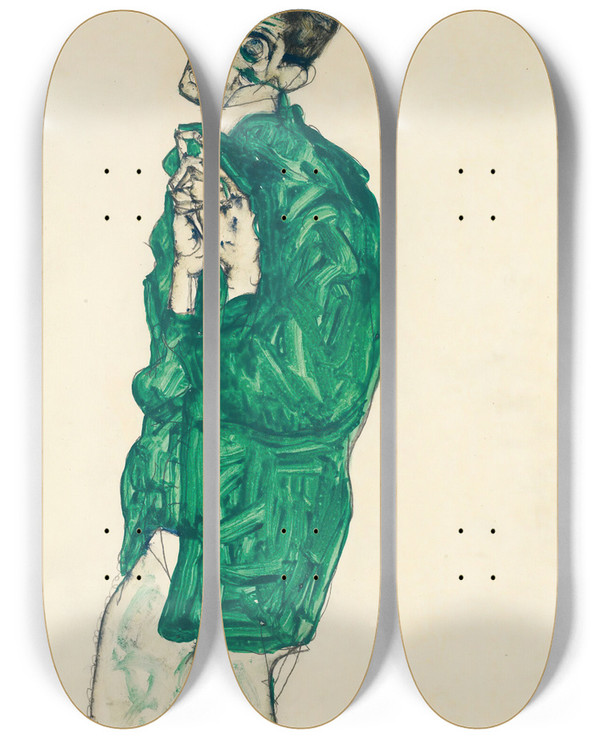 Triptych art skateboard deck of Egon Schiele Selfportrait In Green Shirt With Eyes Closed by Egon Schiele (1890-1918)