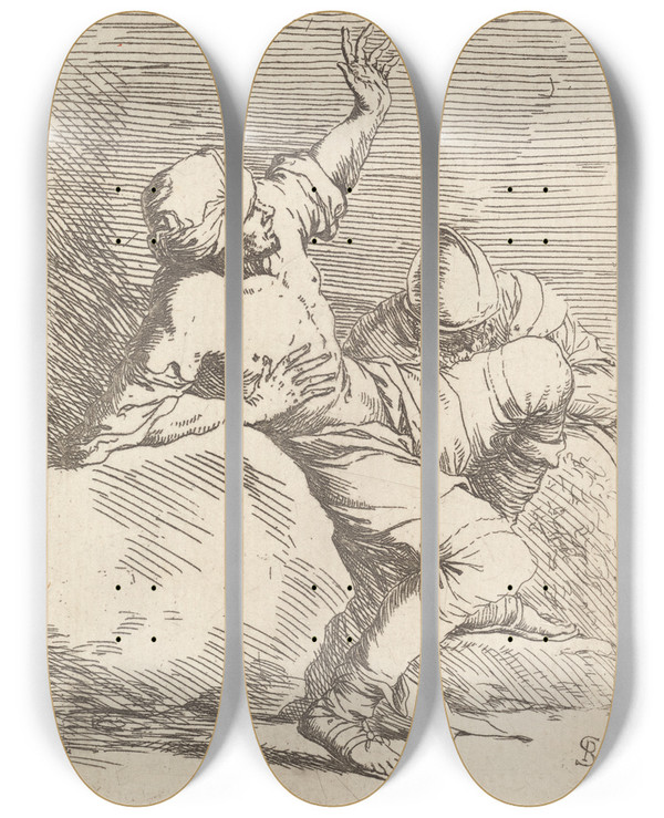 Triptych art skateboard deck of Salvator Rosa Man Pointing Upward And Soldier In Repose by Salvator Rosa (1615-1673)