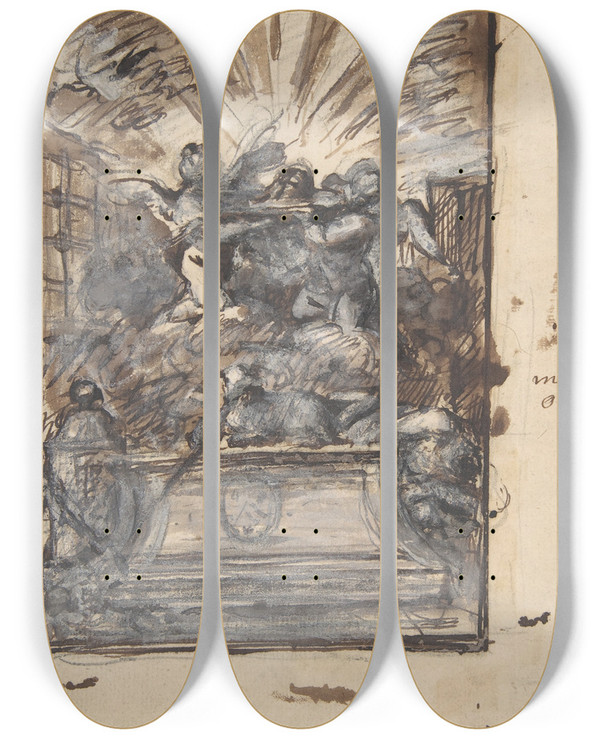 Triptych art skateboard deck of Gabriel De Saintaubin Design For A Monument by Gabriel de Saint-Aubin (1724-1780)