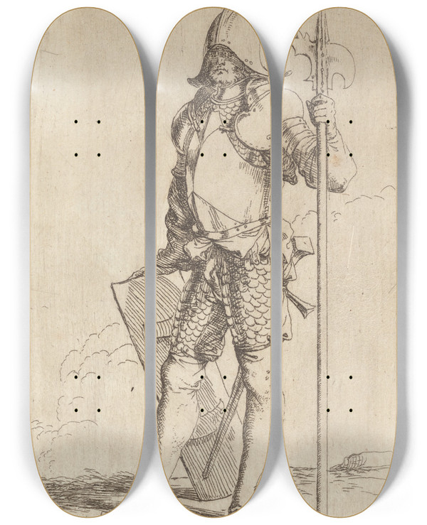 Triptych art skateboard deck of Salvator Rosa Soldier Standing Holding A Cane Facing Left by Salvator Rosa (1615-1673)