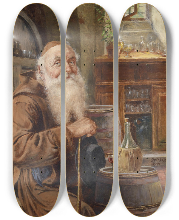 Triptych art skateboard deck of Georg Rssler Mnch Im Weinkeller_1 by Georg Rossler (1861-1925)