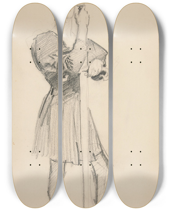 Triptych art skateboard deck of John Singer Sargent Standing Figure With Aspear by John Singer Sargent (1856-1925)