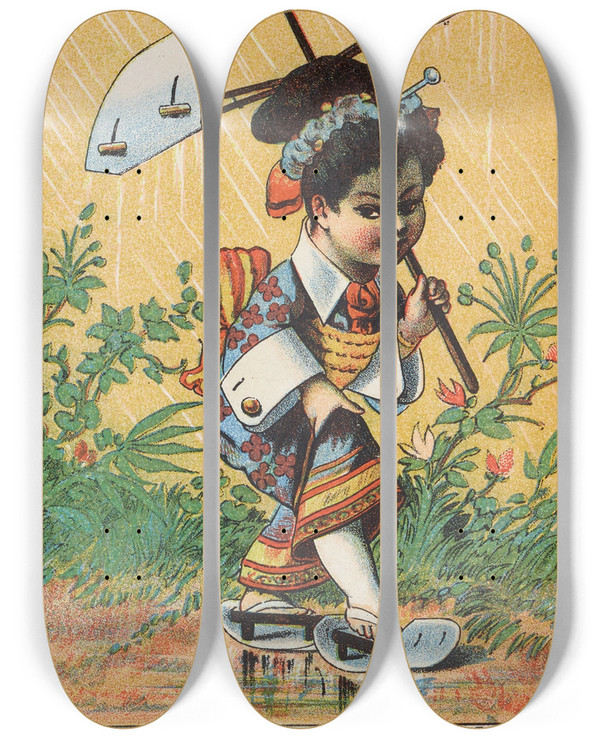 Triptych art skateboard deck of Donaldson Brothers Trade Card For Celluloid Waterproof Collars Cuffs And Shirt Bosoms_2 by Donaldson Brothers