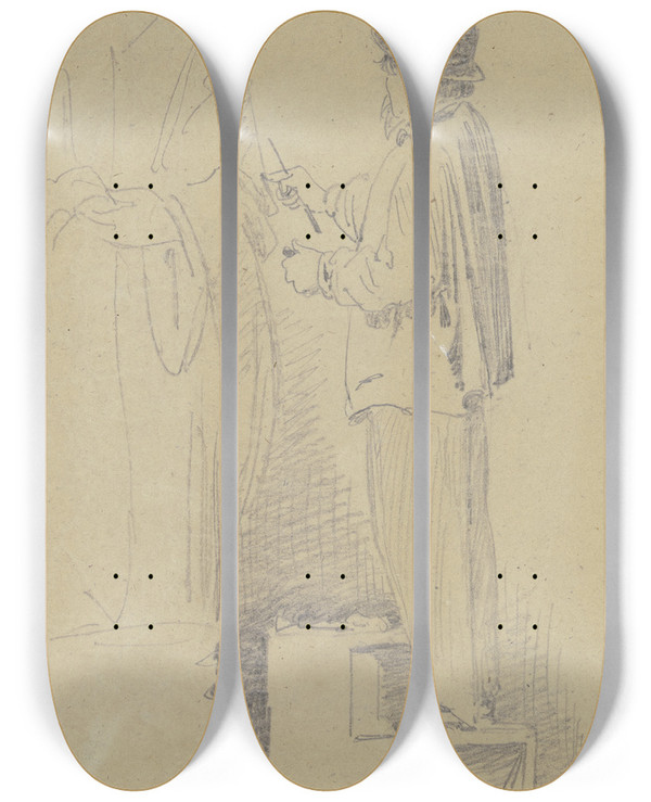 Triptych art skateboard deck of Wilhelm Busch Bildhauer Schierholtz Bei Der Arbeit by Wilhelm Busch (1832-1908)