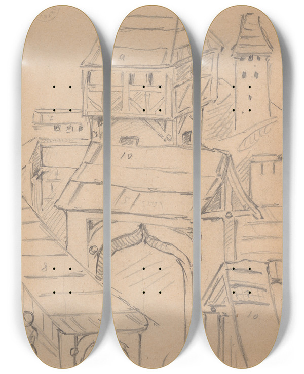 Triptych art skateboard deck of Stanisaw Wyspiaski Buildings With Towers And Gates Drawing Of The Basrelief On The Wing Of The Triptych Of St Stanislaus In The Chapel Of Guardian Angels At St Marys Church In Krakow by Stanislaw Wyspianski (1869-1907)