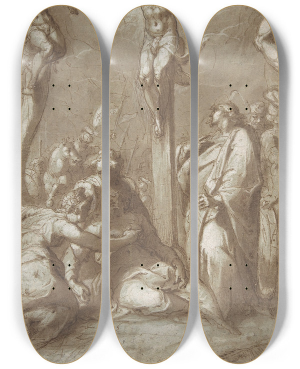 Triptych art skateboard deck of Hans Speckaert The Crucifixion Of Christ by Hans Speckaert (1540-1577)