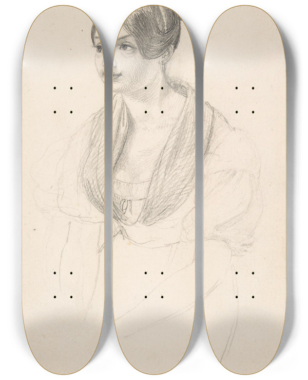 Triptych art skateboard deck of Georg Friedrich Kersting Portrait Of A Young Woman by Georg Friedrich Kersting (1785-1847)