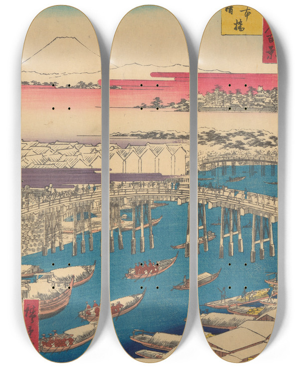 Triptych art skateboard deck of And Hiroshige Nihonbashi Clearing Weather After Snow Nihonbashi Yukibare by Ando Hiroshige (1797-1858)