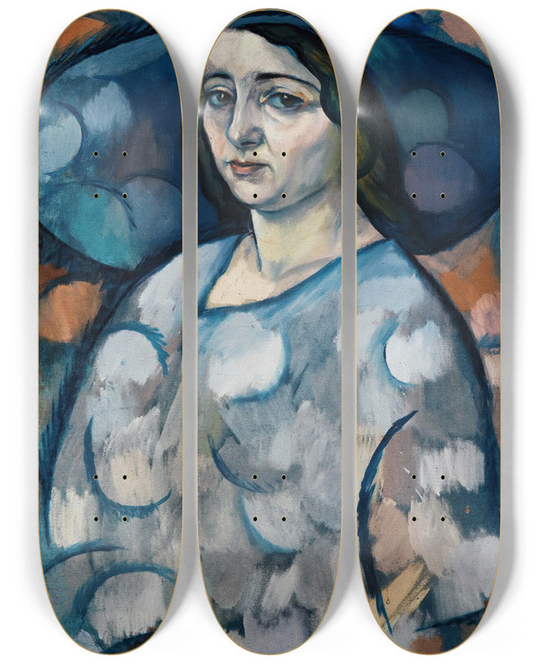 Triptych art skateboard deck of Vladimir Davidovich Baranovrossine Lady In A Blue Hat by Vladimir Davidovich Baranov-Rossine (1888-1944)