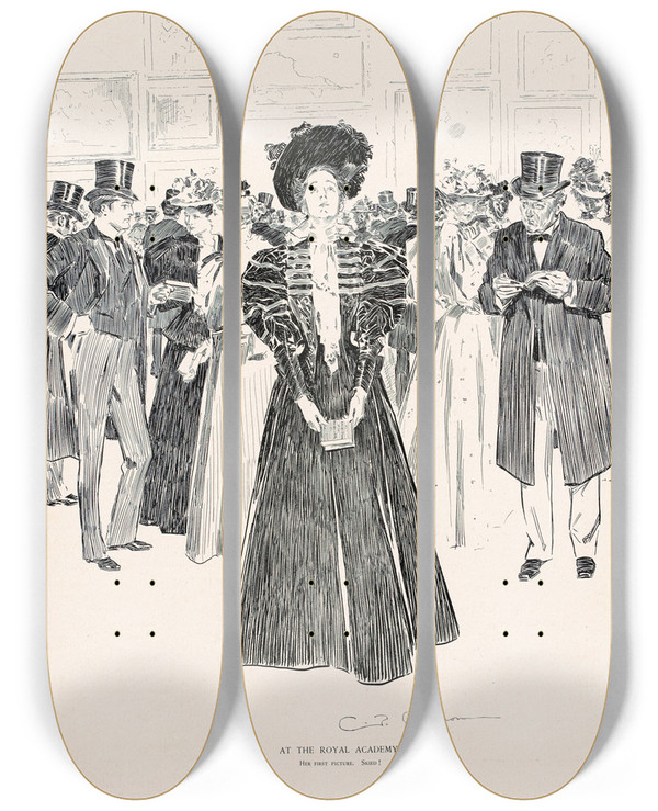 Triptych art skateboard deck of Charles Dana Gibson At The Royal Academy_1 by Charles Dana Gibson (1867-1944)