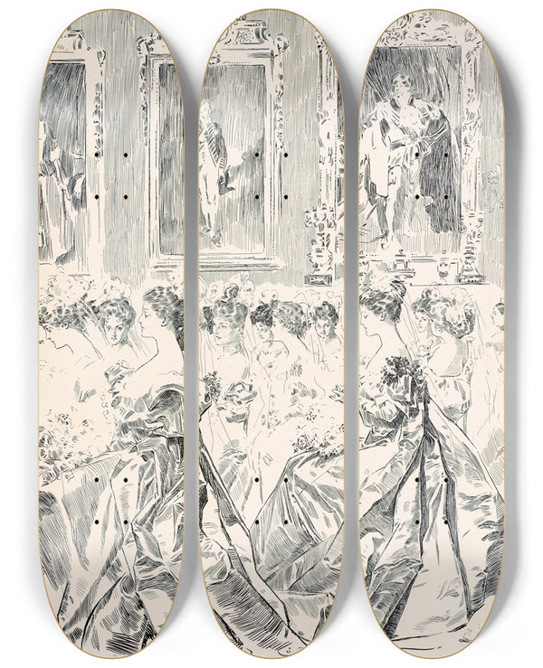 Triptych art skateboard deck of Charles Dana Gibson Waiting To Be Presented_1 by Charles Dana Gibson (1867-1944)