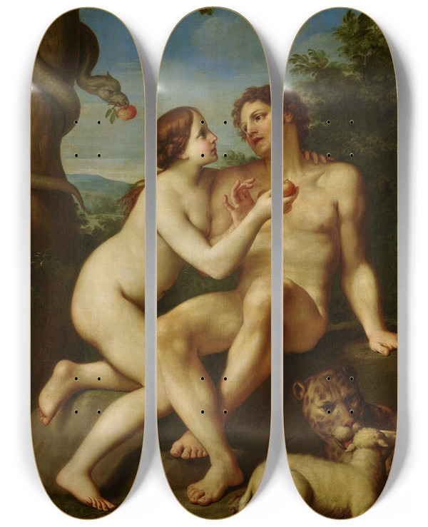 Triptych art skateboard deck of Marcantonio Franceschini Adam And Eve by Marcantonio Franceschini (1648-1729)