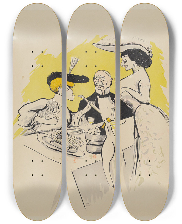 Triptych art skateboard deck of Georges Goursat Sem Mademoiselle Jane Darcy Mlle De Frezia Et Un Personnage Masculin by Georges Goursat (Sem) (1863-1934)