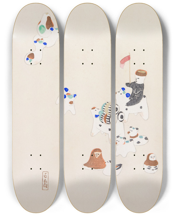 Triptych art skateboard deck of Kawasaki Kyosen Kyosens Collected Illustrations Of Japanese Toys Pl046 by Kawasaki Kyosen (1877-1942)
