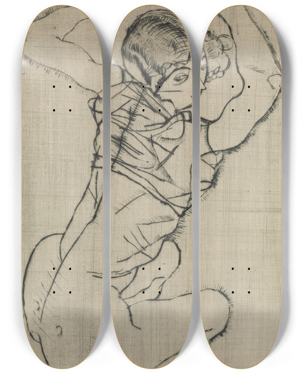Triptych art skateboard deck of Egon Schiele Squatting Woman_1 by Egon Schiele (1890-1918)