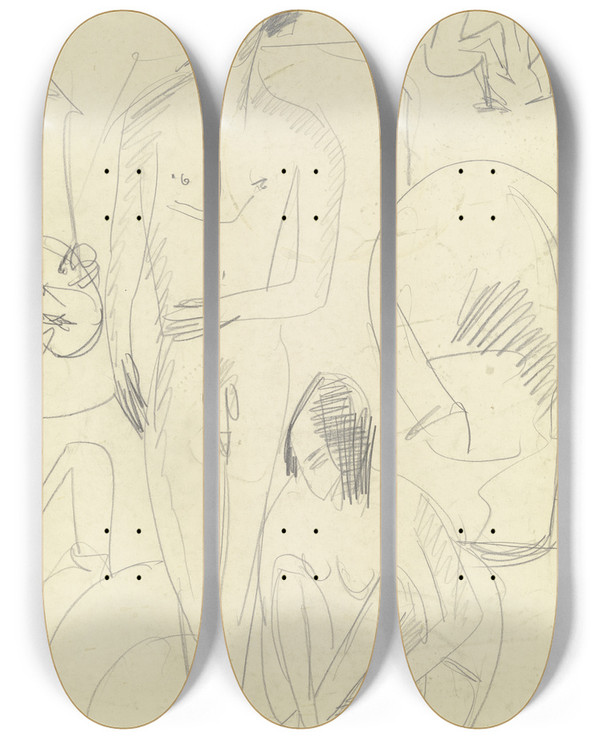 Triptych art skateboard deck of Ernst Ludwig Kirchner Bathing Couple In The Tub by Ernst Ludwig Kirchner (1880-1938)