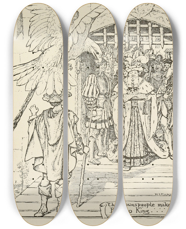 Triptych art skateboard deck of Henry Justice Ford The Townspeople Make Bobino King by Henry Justice Ford (1860-1941)