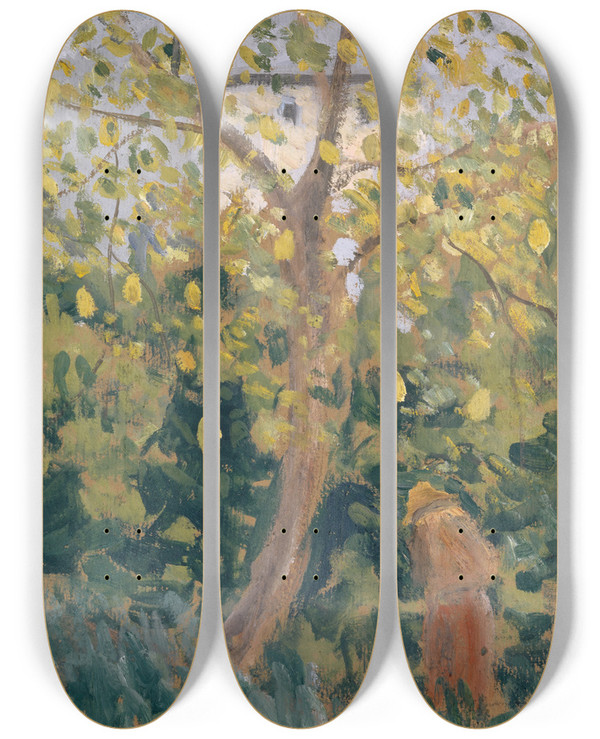 Triptych art skateboard deck of Ernst Schiess Tree With Yellowed Fall Leaves by Ernst Schiess (1872-1919)