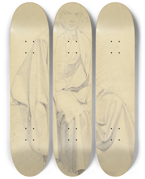 Triptych art skateboard deck of Jakob Becker Sitzender Jngling In Weitem Mantel by Jakob Becker (1810-1872)