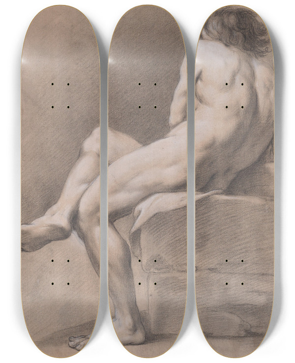 Triptych art skateboard deck of Giacomo Zoboli Finished Academy Study Of A Seated Male Figure by Giacomo Zoboli (1681-1767)
