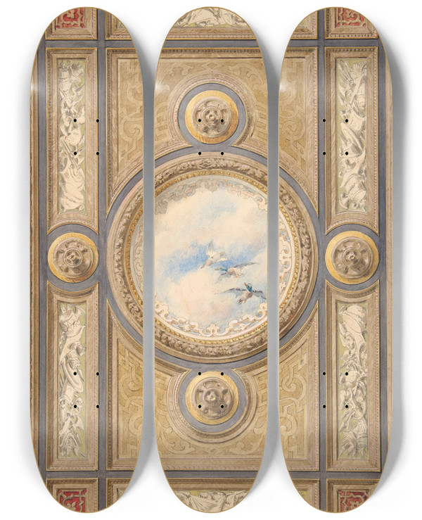Triptych art skateboard deck of Julesedmondcharles Lachaise Design For A Carved And Painted Ceiling With Clouds And Ducks In The Central Circular Panel by Jules-Edmond-Charles Lachaise (1897)