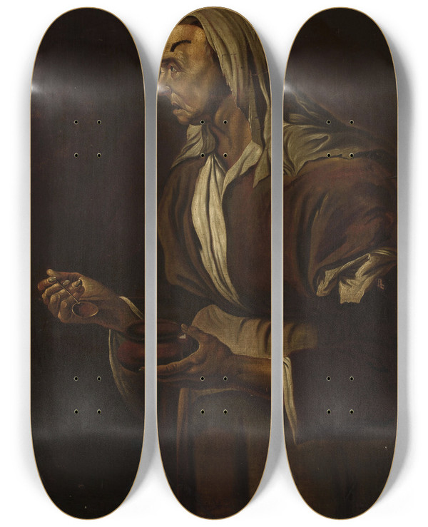 Triptych art skateboard deck of Pietro Bellotti Portrait Of An Old Woman With A Bowl_1 by Pietro Bellotti (1623-1700)