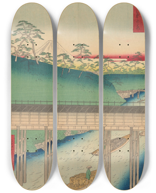 Triptych art skateboard deck of And Hiroshige Ochanomizu Bridge by Ando Hiroshige (1797-1858)