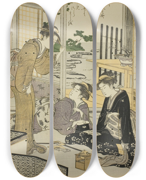 Triptych art skateboard deck of Chbunsai Eishi Henjo From The Series Six Immortal Poets Rokkasen by Chobunsai Eishi (1756-1829)