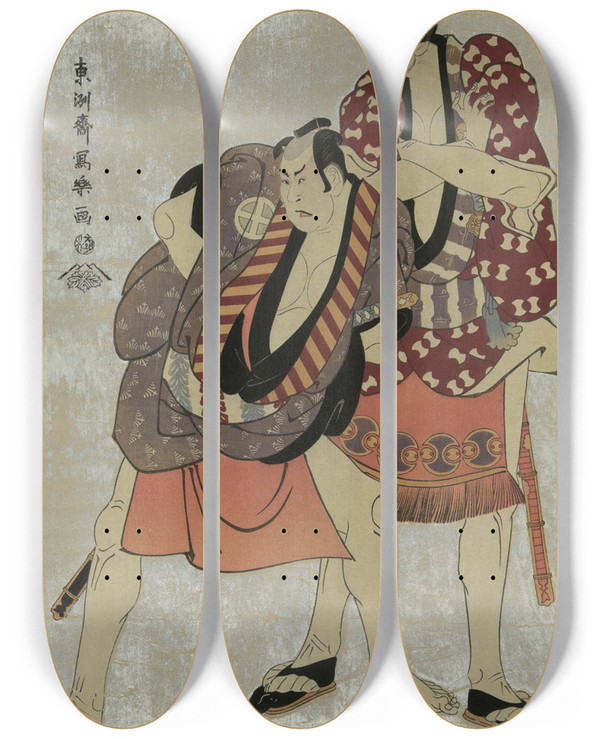 Triptych art skateboard deck of Tshsai Sharaku Shodai Arashi Ryz No Yakko Ukiyo Matabei To Sandaime Tani Hiroji No Yakko Tosa No Matabei by Toshusai Sharaku (1794-1795)