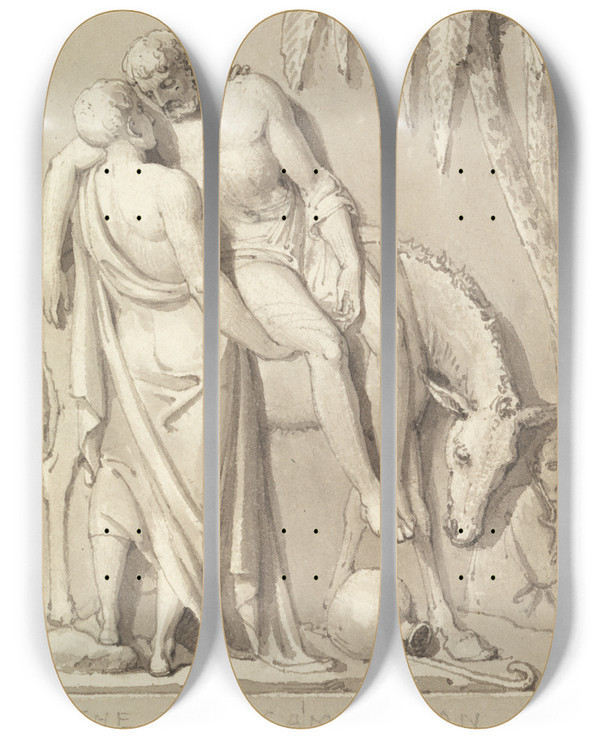 Triptych art skateboard deck of Sir Richard Westmacott The Good Samaritan by Sir Richard Westmacott
