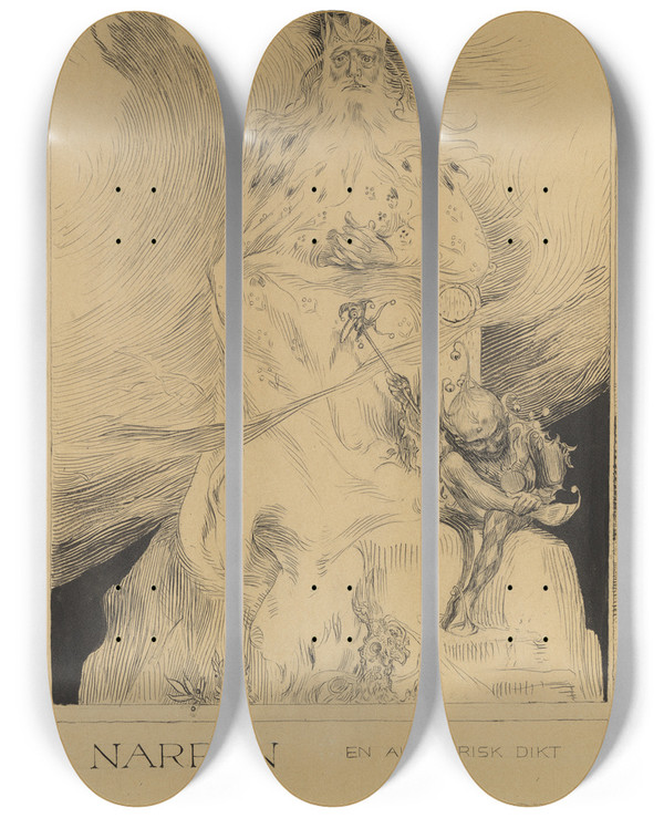 Triptych art skateboard deck of Carl Larsson The Jester by Carl Larsson (1853-1919)