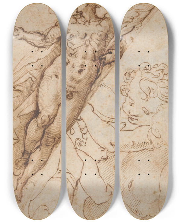 Triptych art skateboard deck of Alessandro Casolani Flying Angel by Alessandro Casolani (1552-1607)