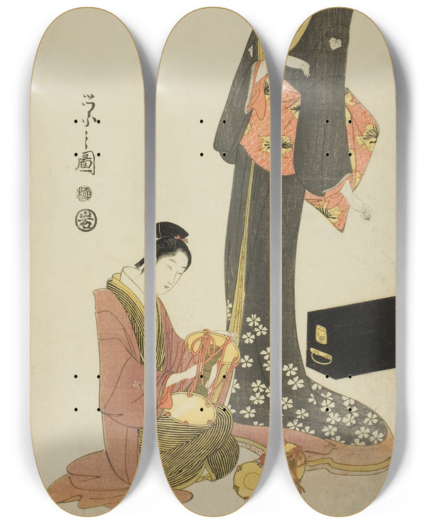 Triptych art skateboard deck of Chbunsai Eishi Ohana And Ofuku From The Series A Selection Of Entertainers From The Pleasure Quarters Seiro Geisha Sen by Chobunsai Eishi (1756-1829)