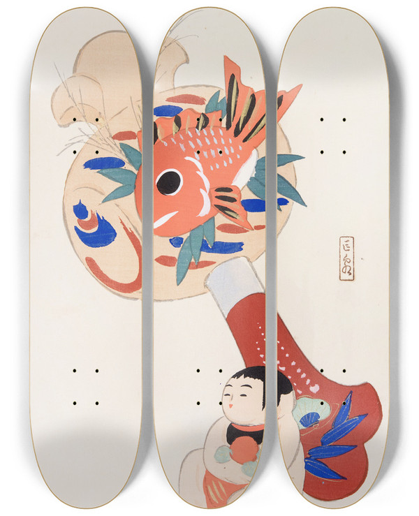 Triptych art skateboard deck of Kawasaki Kyosen Kyosens Collected Illustrations Of Japanese Toys Pl092 by Kawasaki Kyosen (1877-1942)