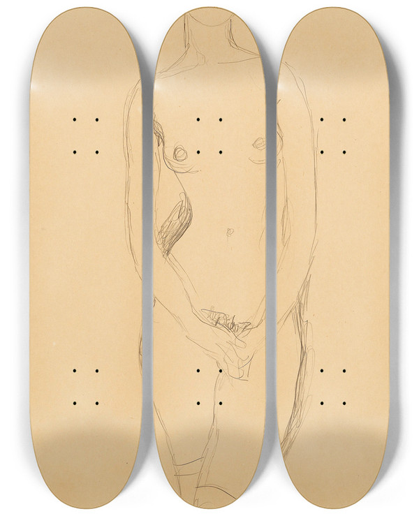 Triptych art skateboard deck of Gustav Klimt Standing Female Nude Seen From The Front by Gustav Klimt (1862-1918)