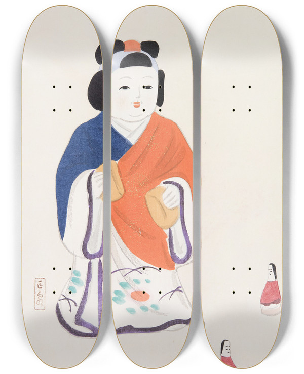 Triptych art skateboard deck of Kawasaki Kyosen Kyosens Collected Illustrations Of Japanese Toys Pl063 by Kawasaki Kyosen (1877-1942)
