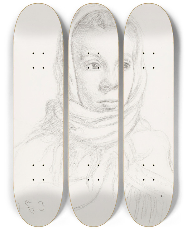 Triptych art skateboard deck of Eero Jrnefelt Girl In A Scarf Fanny Wasenius by Eero Jarnefelt (1863-1937)