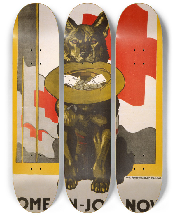 Triptych art skateboard deck of Richard Fayerweather Babcock Come On Join Now by Richard Fayerweather Babcock (1887-1954)