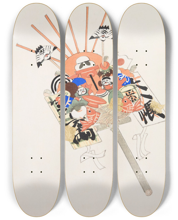 Triptych art skateboard deck of Kawasaki Kyosen Kyosens Collected Illustrations Of Japanese Toys Pl082 by Kawasaki Kyosen (1877-1942)