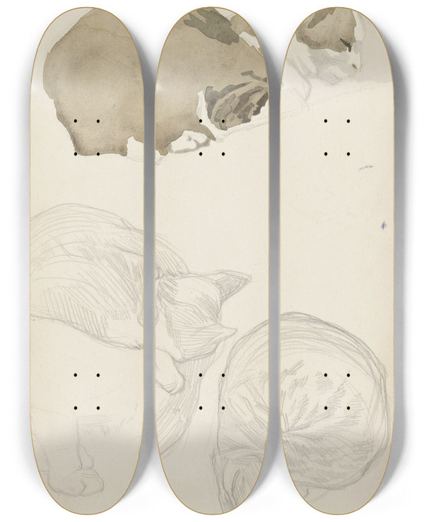 Triptych art skateboard deck of Jan Veth Liggende Kat by Jan Veth (1864-1925)