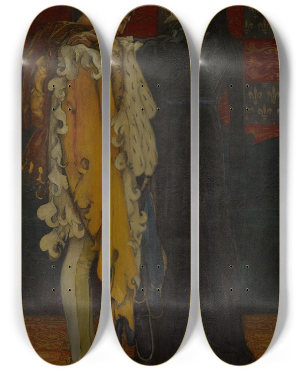 Triptych art skateboard deck of Edwin Austin Abbey The King To The Prince Of Wales Thou Shalt Have Charge And Sovereign Trust Herein King Henry Iv Part I Act Iii Scene Ii by Edwin Austin Abbey (1852-1911)